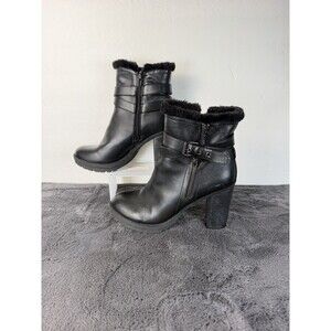 GUESS Women’s Black Faux Leather Ankle Boots Size 7 Faux Fur Trim Block Heel
